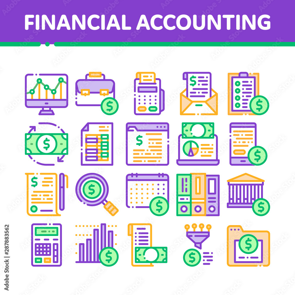 Poster Financial Accounting Collection Vector Icons Set Thin Line. Money Dollar Sings On Smartphone Display And Magnifier, Web Site And Laptop Financial Concept Linear Pictograms. Color Contour Illustrations