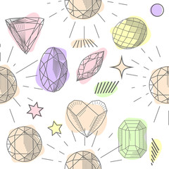 Seamless pattern with colorful fairytale crystals gems. Rainbow multicolored gem stones.