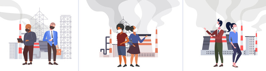 set different people in protective face masks toxic air pollution industry smog polluted environment concept mix race men women standing outdoor industrial landscape full length horizontal