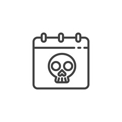 Halloween calendar line icon. linear style sign for mobile concept and web design. Calendar with skull outline vector icon. Deadline symbol, logo illustration. Vector graphics