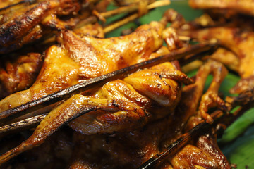 Closeup of grilled chicken shows for selling. A famous Asian street food. 