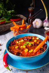 chili con carne with sweet potato and spicy nachos