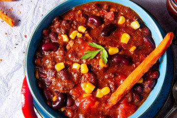 chili con carne with sweet potato and spicy nachos