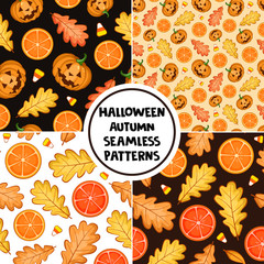 Set of autumn halloween patterns for greeting card, gift box, wallpaper, fabric, web design.