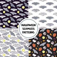 Set of halloween seamless patterns with cute bats for greeting card, gift box, fabric, wallpaper, web design.
