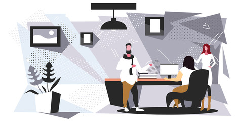 businesspeople discussing new work project with female boss during meeting brainstorming concept business people working together office interior sketch horizontal full length