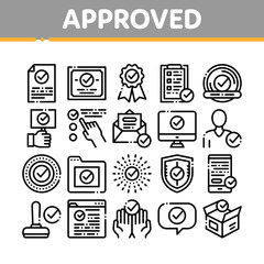 Approved Collection Elements Vector Icons Set Thin Line. Approved Sings On Document File And Hands, Computer Monitor And Smartphone Display Concept Linear Pictograms. Black Contour Illustrations