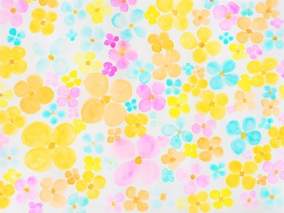 Seamless pattern of watercolor flowers in pink, orange and blue colors. Flower glade brush drawing, cute abstraction.
