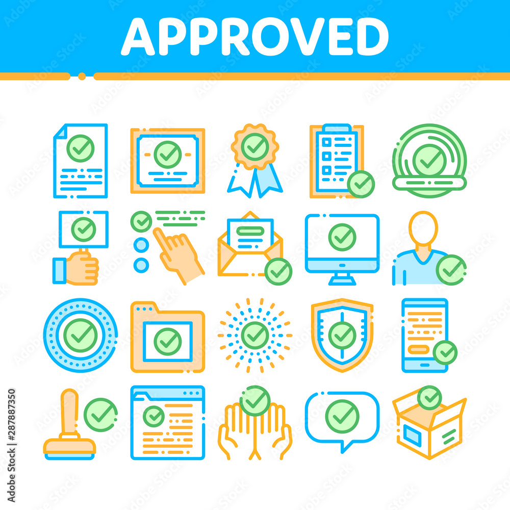 Poster Approved Collection Elements Vector Icons Set Thin Line. Approved Sings On Document File And Hands, Computer Monitor And Smartphone Display Concept Linear Pictograms. Color Contour Illustrations