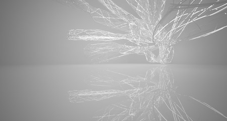 White smooth architectural interior of chaotic lines.  Night view with illumination. 3D illustration and rendering