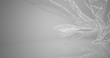 White smooth architectural interior of chaotic lines.  Night view with illumination. 3D illustration and rendering