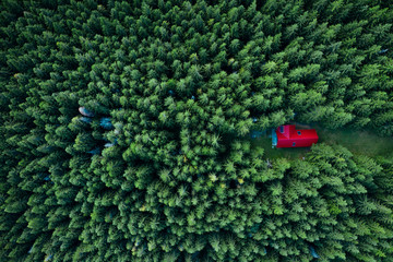 Fairy-tale little house in the woods taken from a drone.