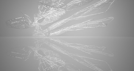 White smooth architectural interior of chaotic lines.  Night view with illumination. 3D illustration and rendering