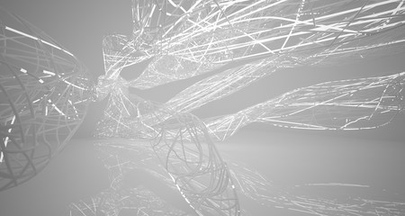 White smooth architectural interior of chaotic lines.  Night view with illumination. 3D illustration and rendering