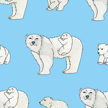 Seamless pattern with the image of a polar bear  and cubs 