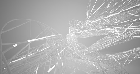 White smooth architectural interior of chaotic lines.  Night view with illumination. 3D illustration and rendering