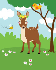 Roe deer, bee and bird in the forest.