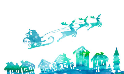 Santa Claus silhouette in a sleigh with deer. Vector