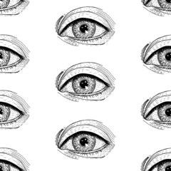 Seamless pattern with the image of the eye made using the hatching technique. Vintage. Suitable for wrapping paper, wallpaper, cases for devices.