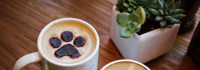 Dog paw pattern latte art coffee in white mug on wood table with succulent plant decoration in cafe