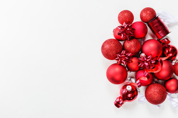 Christmas balls on a white background. Copy space, flat lay.