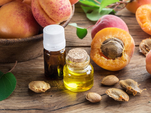 Apricot kernel oil and apricot kernels on wooden background.