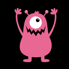 Monster pink silhouette. Cute cartoon kawaii scary funny character. Baby collection. One eye, fang tooth, hands, horns, hair. Black background. Isolated. Happy Halloween. Flat design.