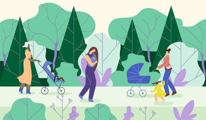 Mothers Go with Children in Park, Cartoon Flat.