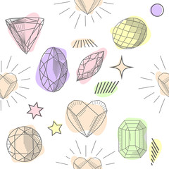 Hand drawn abstract seamless pattern with golden terrarium, polka dots texture in pastel colors isolated on white background. Design