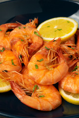 Boiled shrimp with lemon and parsley in blue plate on concrete table.