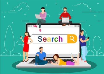 Online search bar concept. people using mobile smarthone and laptop for searching info in web browser. Vector illustration in flat style