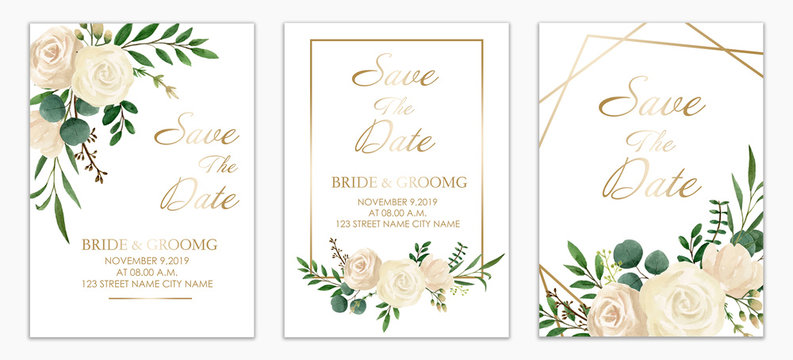Set of Wedding invitation card design. Botanic composition template. White Flower paint by watercolor. Vintage style.