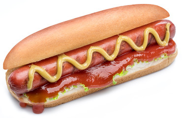 Hot dog - grilled sausage in a bun with sauces isolated on white background.