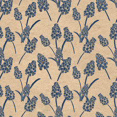 Seamless pattern with realistically painted ink Muscari flowers. Hand drawn illustration on paper textured background modified to digital source for modern disign, print textile, fabric