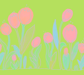 Tulips. Seamless horizontal pattern. Isolated on background. Contour, silhouette, line, stain watercolors. Colored spots