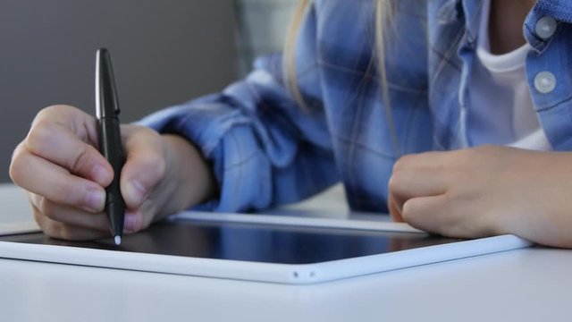 Child Studying on Tablet, Girl Writing in School Class, Learning Doing Homework