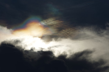 Fototapeta na wymiar A circumhorizontal arc or fire rainbow over the cloud, is an optical phenomenon that belongs to the family of ice halos formed by the refraction of sun- or moonlight in plate-shaped.