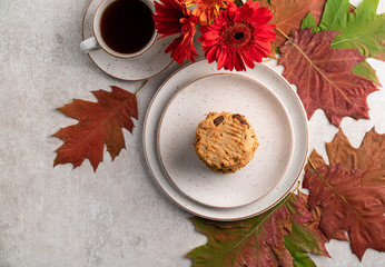 cookies and coffee, autumn colour leaves, Gerbera daisy, marble backdrop, light background