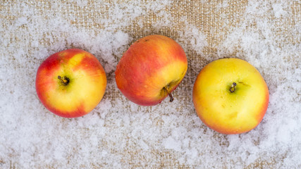 Juicy delicious apples on   burlap covered in snow. Top view_