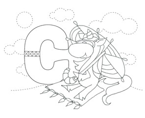 Letter C and funny cartoon unicorn. Animals alphabet a-z. Coloring page. Printable worksheet. Handwriting practice. Unicorns on beach with umbrella.