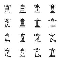Lighthouses, navigational aid towers vector linear icons set