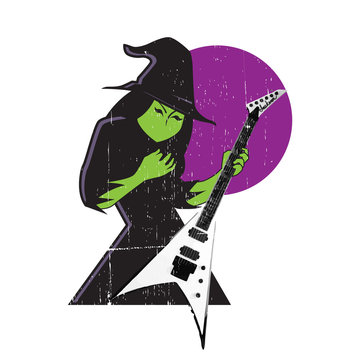 Witch playing metal guitar rock on illustration