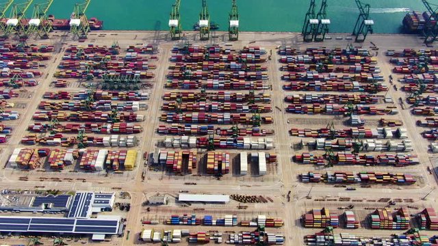 Aerial Footage (Dolly Right) of Commercial Port Terminal in Singapore