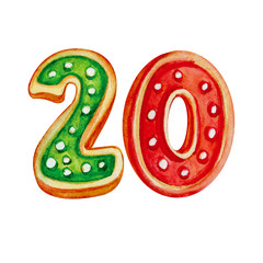 Watercolor illustration figure 20 red and green isolated on white background. Christmas cookies in the form of numbers. Sale, price tag. Alphabet.