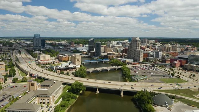 Aerial push in towards Downtown Grand Rapids, Michigan