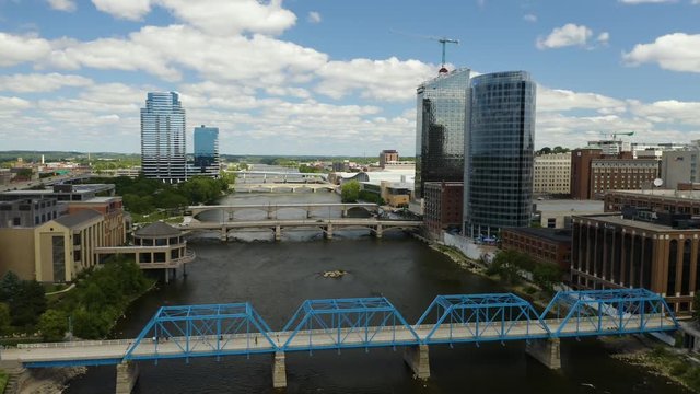 Aerial Ascend To Reveal Downtown Grand Rapids, Michigan