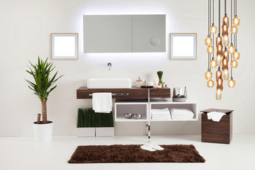 brown cupboard designed clean bathroom decorative lamp