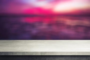 cement table floor with blurred sky and river backgrounds, for product display 