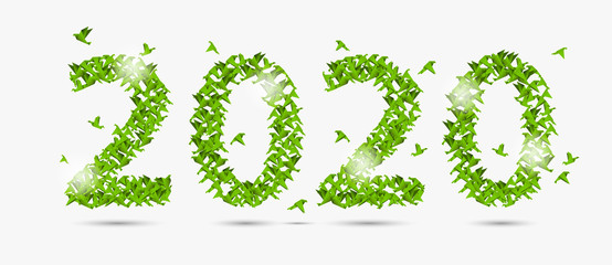 2020 created from paper birds. Creative background. Vector