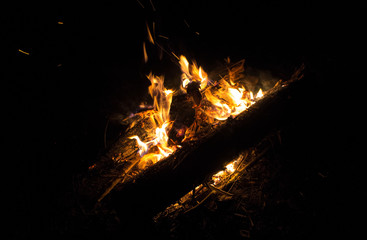 Bright contrast bonfire at night in nature.